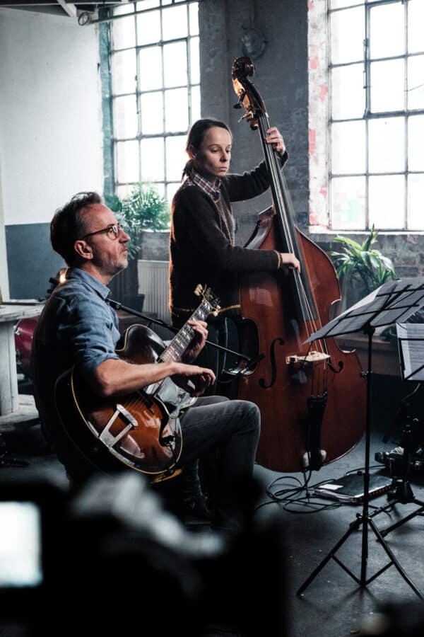 Dave Kelbie and Ruth Goller filming with The Kamao Quartet